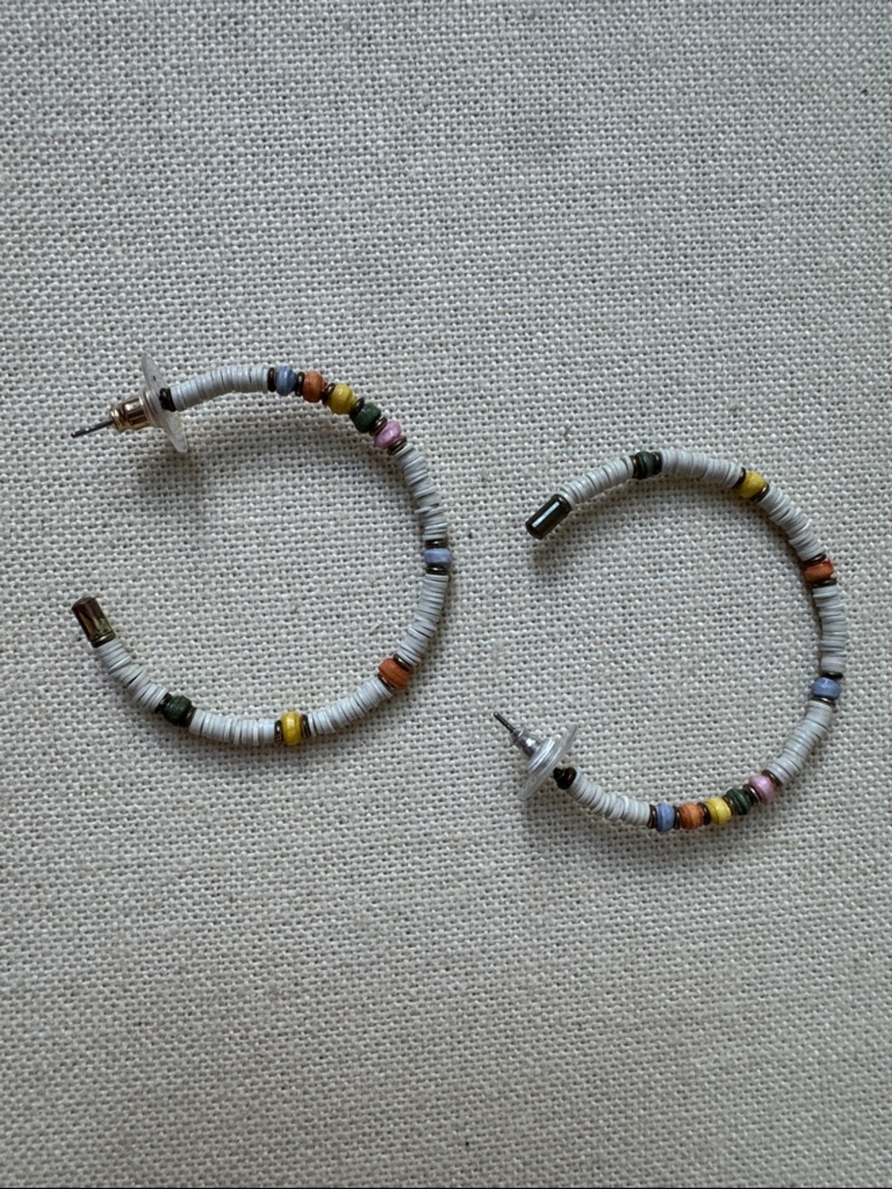 Noonday Collection hoops,White Beaded Hoop Earrings with Multicolor Accent Beads